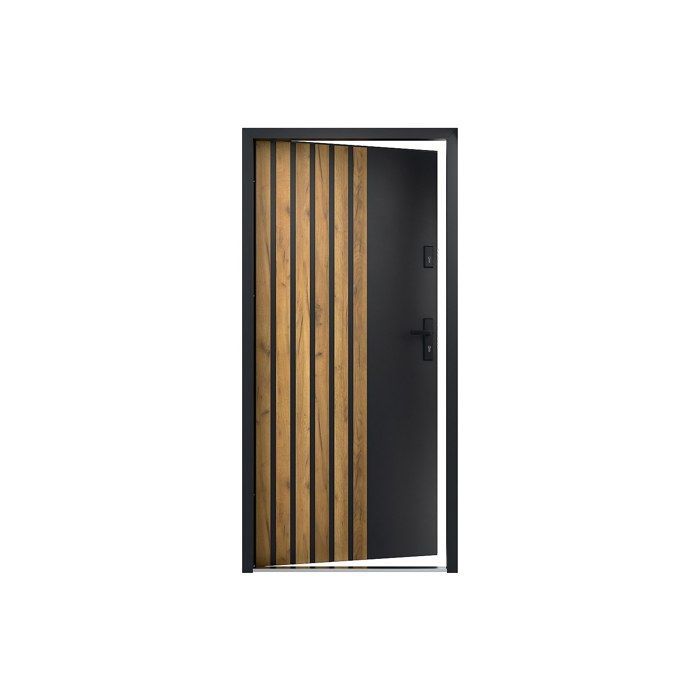 Porte d'entrée pleine en acier H207 x L100 cm - Anthracite avec rayures effet chêne - épaisseur 55 mm - poussant gauche - COBRITA
