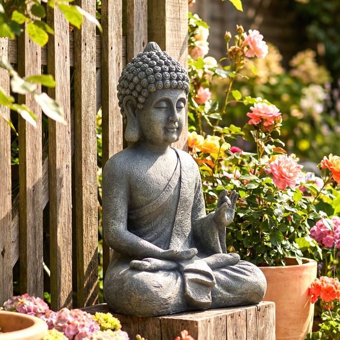 Tuinbeeld - Outsunny - zittend Boeddhabeeld - spirituele decoratie - magnesiumoxide - donkergrijs