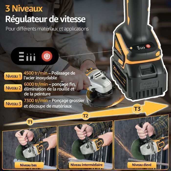 Amoladora angular eléctrica inalámbrica de 125 mm - Amoladora de disco sin escobillas de 21 V - 3 velocidades - 2 baterías de 3 Ah - Incluye 4 discos de amolar