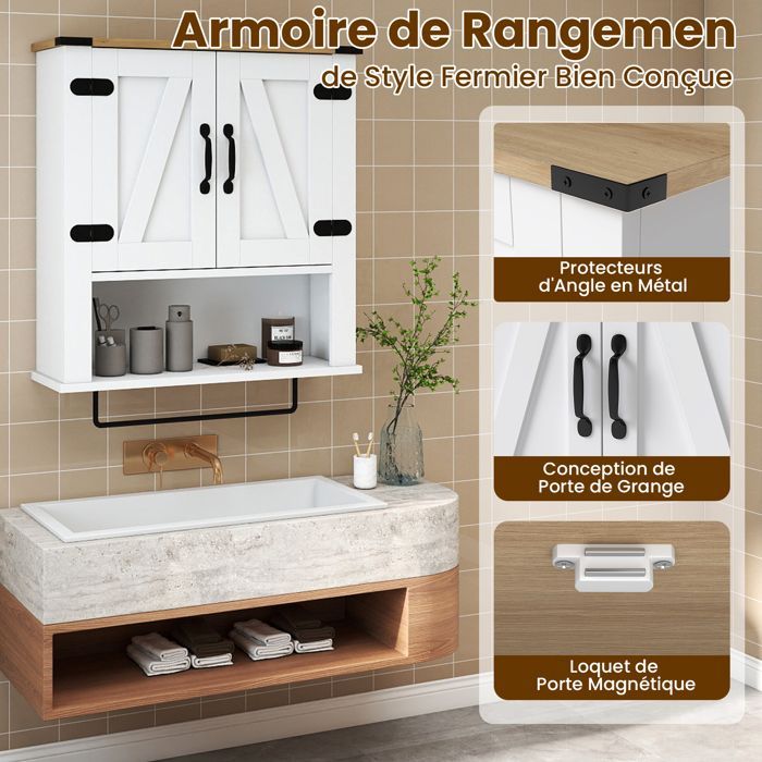 Armario de baño de pared COSTWAY - 2 puertas, compartimento abierto, estante ajustable, toallero para lavadero, cocina