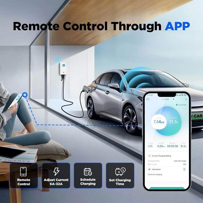 Estación de carga mural monofásica para vehículos eléctricos Morec APP de 7,2 kW y 32 A con conexión Bluetooth/WiFi y cable tipo 2.