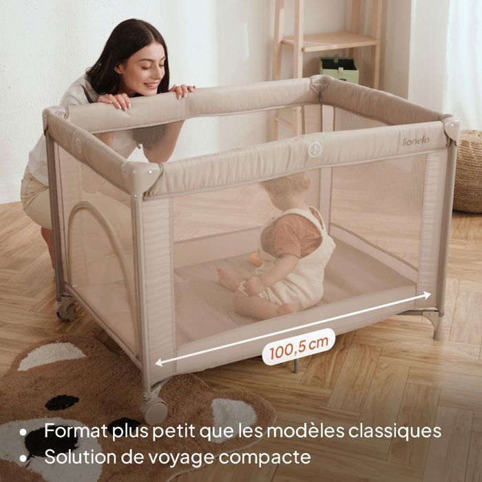 Lit parapluie 2en1 LIONELO Amelie - Parc bébé - Léger - Roulettes - 0-36 mois - Sac inclus - Beige