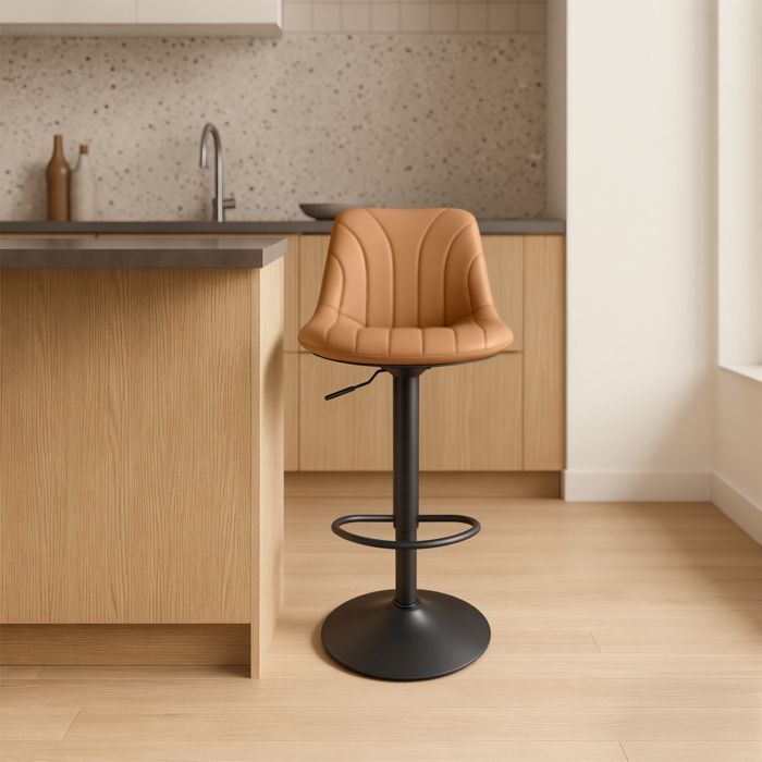 Adjustable Bar Stools, Stools with Backrest, 360° Swivel, PU Leather, for Kitchen, Dining Room, Set of 2, Brown