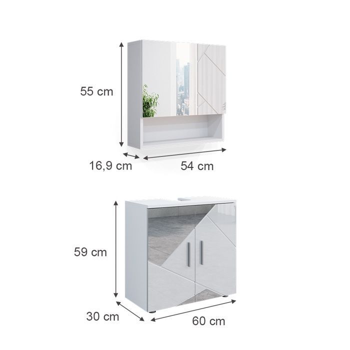 Conjunto de muebles de baño Irma de 2 piezas, mueble bajo de 60 cm, blanco brillante con inserciones Vicco 39661