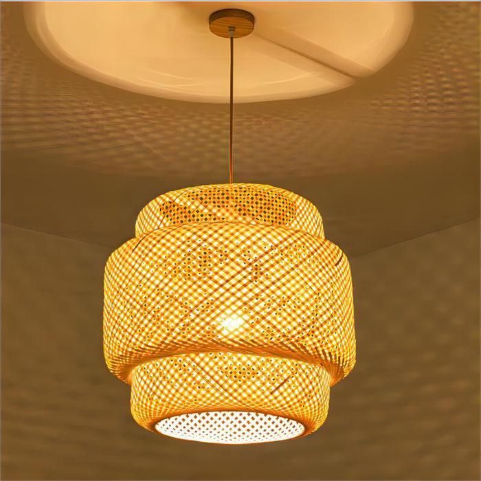 WOTTES Lustre Suspension Luminaire, Suspension Bambou Rotin, Naturel, Ø50*48cm, 1PCS pour Chambre Salle à Manger Cuisine