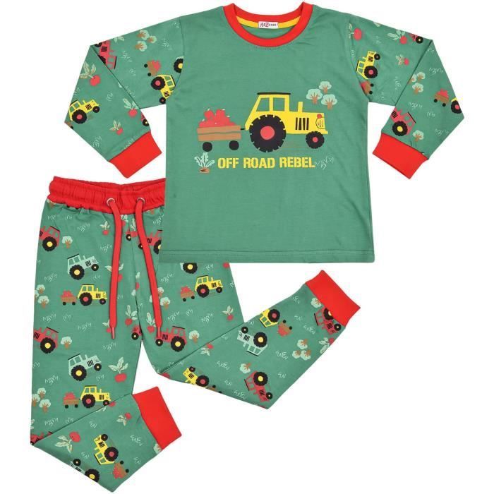 Kinderpyjama's voor meisjes en jongens met tractorprint, contrasterend boven- en onderstuk, nachtkleding voor kinderen van 2-13 jaar - A2 Z 4 KIDS - Groen