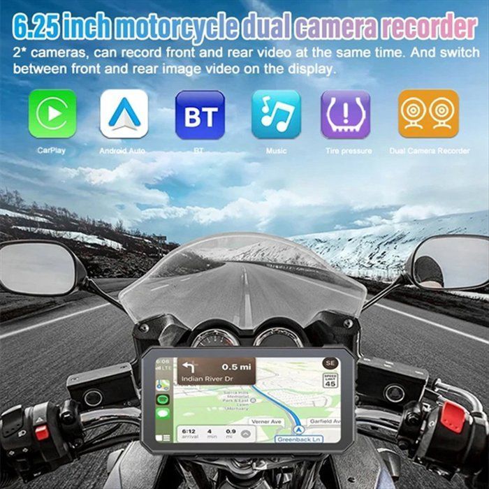 DVR para motocicleta de 6,25 pulgadas, inalámbrico, compatible con CarPlay y Android Auto, monitor de navegación GPS, Bluetooth, pantalla táctil y resistente al agua.