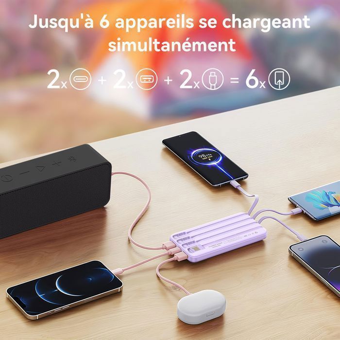 Purple 20000mAh External Battery with LED Display, 4 Built-in Cables, 6 Outputs and 3 Inputs, Compact Power Bank