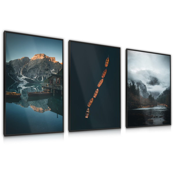 ZESTAW 3x Plakat Łódki Na Górskim Jeziorze Efekt 3D 30x40cm