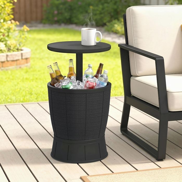 Tavolino con secchiello per il ghiaccio 3 in 1 Outsunny - con vassoio telescopico - per birra, vino, giardino - Ø 49 x 58-84 cm - Nero
