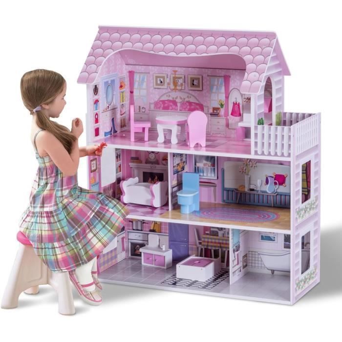 Casa de muñecas de madera COSTWAY, 13 accesorios, 3 plantas, 61 x 26,5 x 71 cm, regalo para niños de 3 años en adelante, color rosa.