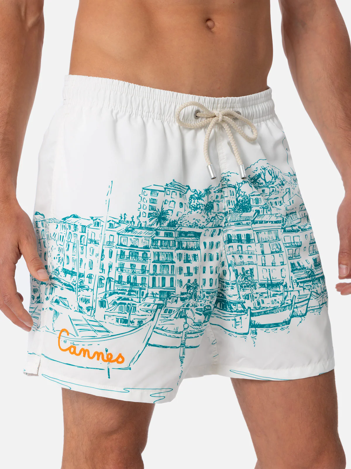 Heren Gustavia Zwembroek met Print – Middellang | Stof met Perzik-effect | Cannes Print | Wit | Verstelbaar Trekkoord | MC2 Saint Barth