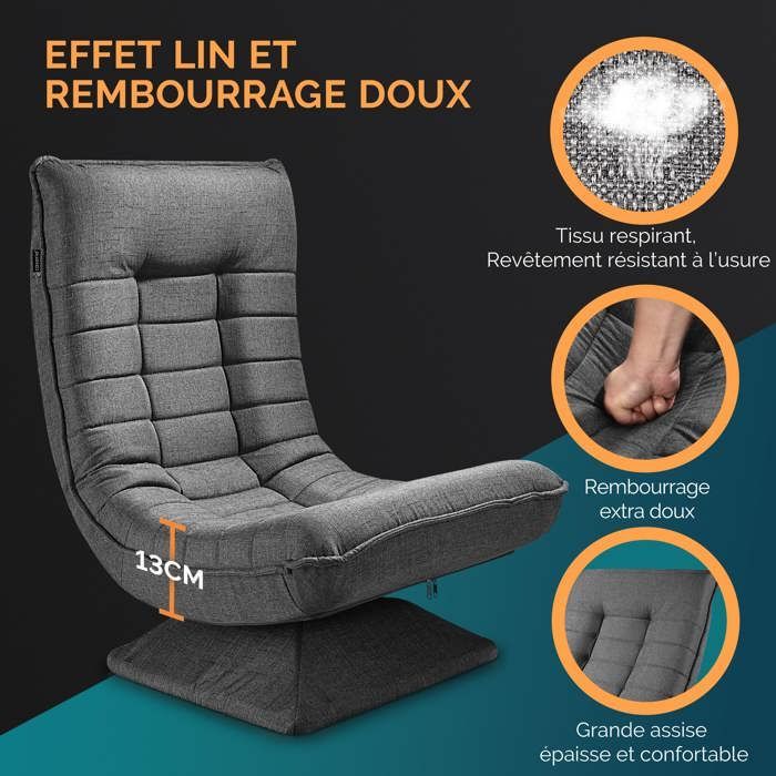 CASARIA® Fauteuil tout confort pivotant à 360° Gris capacité de charge de 150kg siège de gaming 58x57x84/87cm relaxation