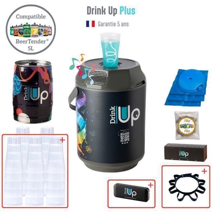 DRINK UP PLUS décor MIX - Tireuse à bières & cocktails portative Toutes Boissons - 25 verres - Enceinte Bluetooth - fûts Beertender