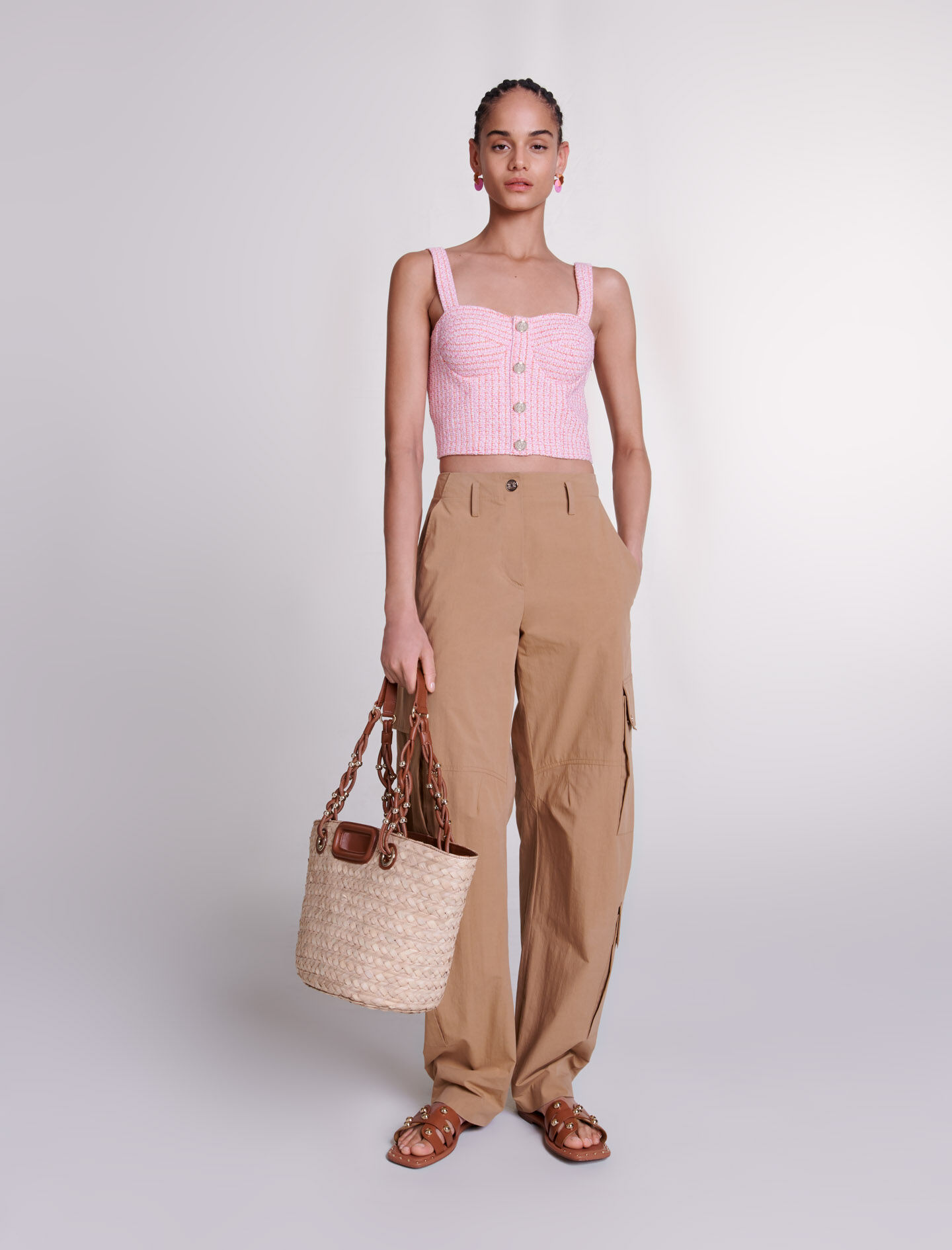 Crop top van tweed in roze/oranje