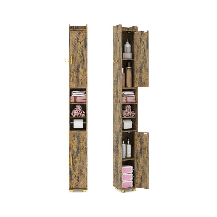 GIANTEX Narrow Bathroom Column - Adjustable Shelves - 2 Open Compartments - 2 Doors - Towel Rail - 20x20x179cm - Cafe