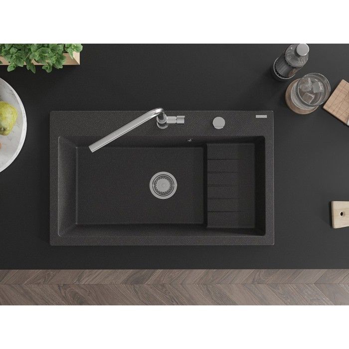 Mexen Omar granieten spoelbak, 1 kom, 800 x 480 mm, gespikkeld zwart, chromen sifon - 6520801005-76