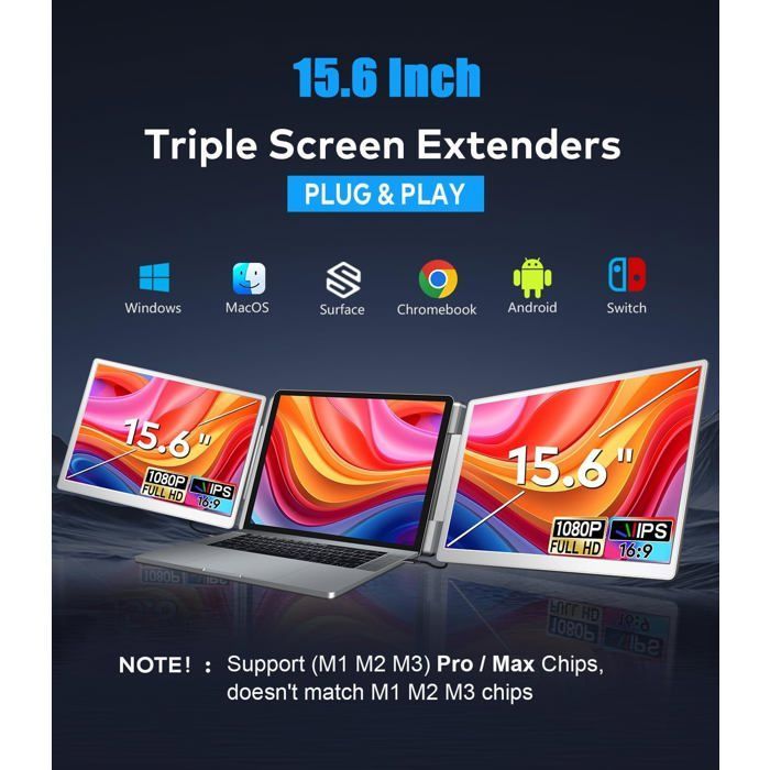 Draagbare monitor voor computer, drievoudig IPS-scherm, 15,6 inch Full HD 1080p, uitbreidbaar van 12 tot 18,5 inch.