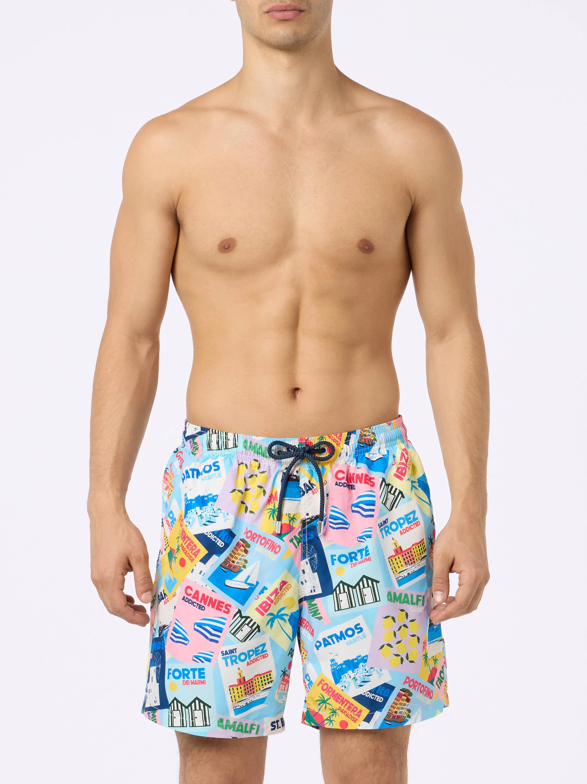 Man Lighting Mid-Length Swim Shorts – Quick-Drying, Postcard All-Over Print, Recycled Polyester, Water Drainage Eyelets | MC2 Saint Barth