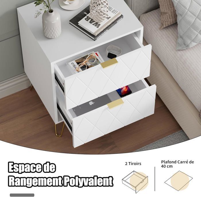 GOOBUY Set of 2 Bedside Tables, 2 Drawers, Gold-Colored Handles and Legs, Scandinavian Style, 40 x 30 x 52 cm, White