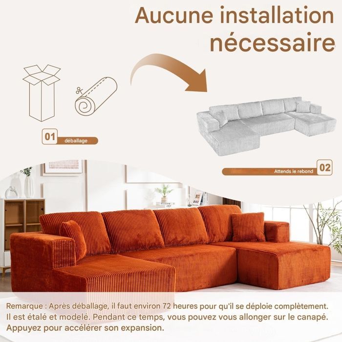 Canapé panoramique d'angle en U,4 places,Canapé modulable,accoudoirs,Velours côtelé,Étui à ressort + mousse haute résilience,Orange