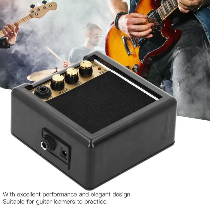 Gitaarversterker, draagbare gitaar- en basversterker, zwart en goudkleurig metaal, voor beginnende muziekliefhebbers.
