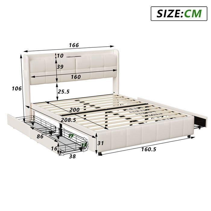 Conjunto completo de quarto adulto, base de cama 160x200 cm, cama de casal, cama com arrumação 160x200 cm, cama, porta USB, 4 gavetas, arrumação, estofado, PU, branco