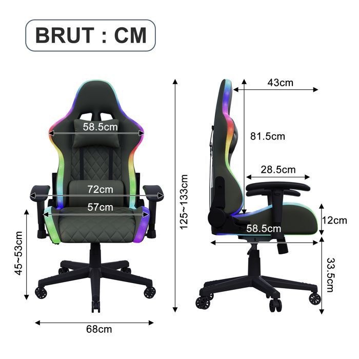Chaise gaming, Fauteuil de Jeu, Siège Gaming Pivotant, Fonction Massage et Appui-Tête, Eclairage LED, Accoudoirs Réglables, Noir