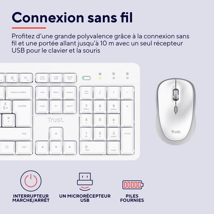 Teclado y ratón inalámbricos Trust Ody II - Teclado francés AZERTY - Silencioso - Teclas planas flotantes - Receptor USB único