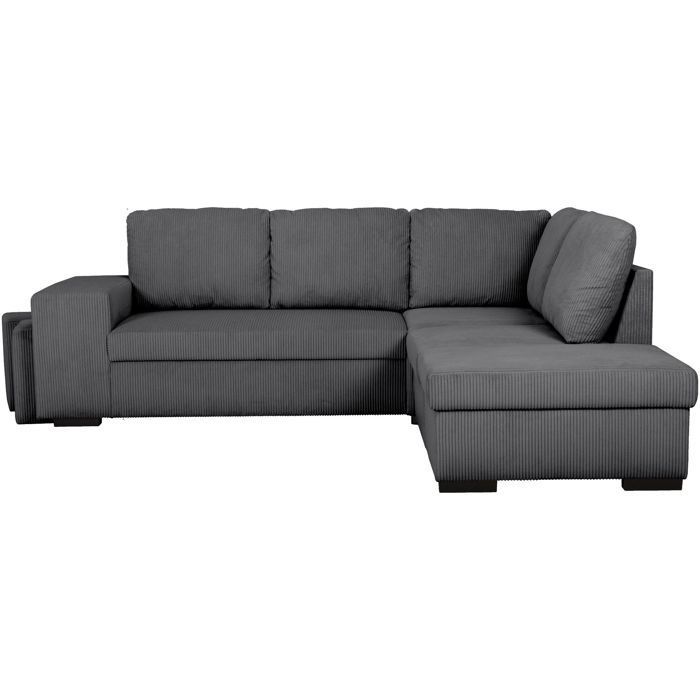 Divano angolare reversibile e trasformabile - 4/5 posti - MITCHELL - Tessuto in velluto a coste antracite - Vano contenitore, pouf - 247 x 205 x 91 cm