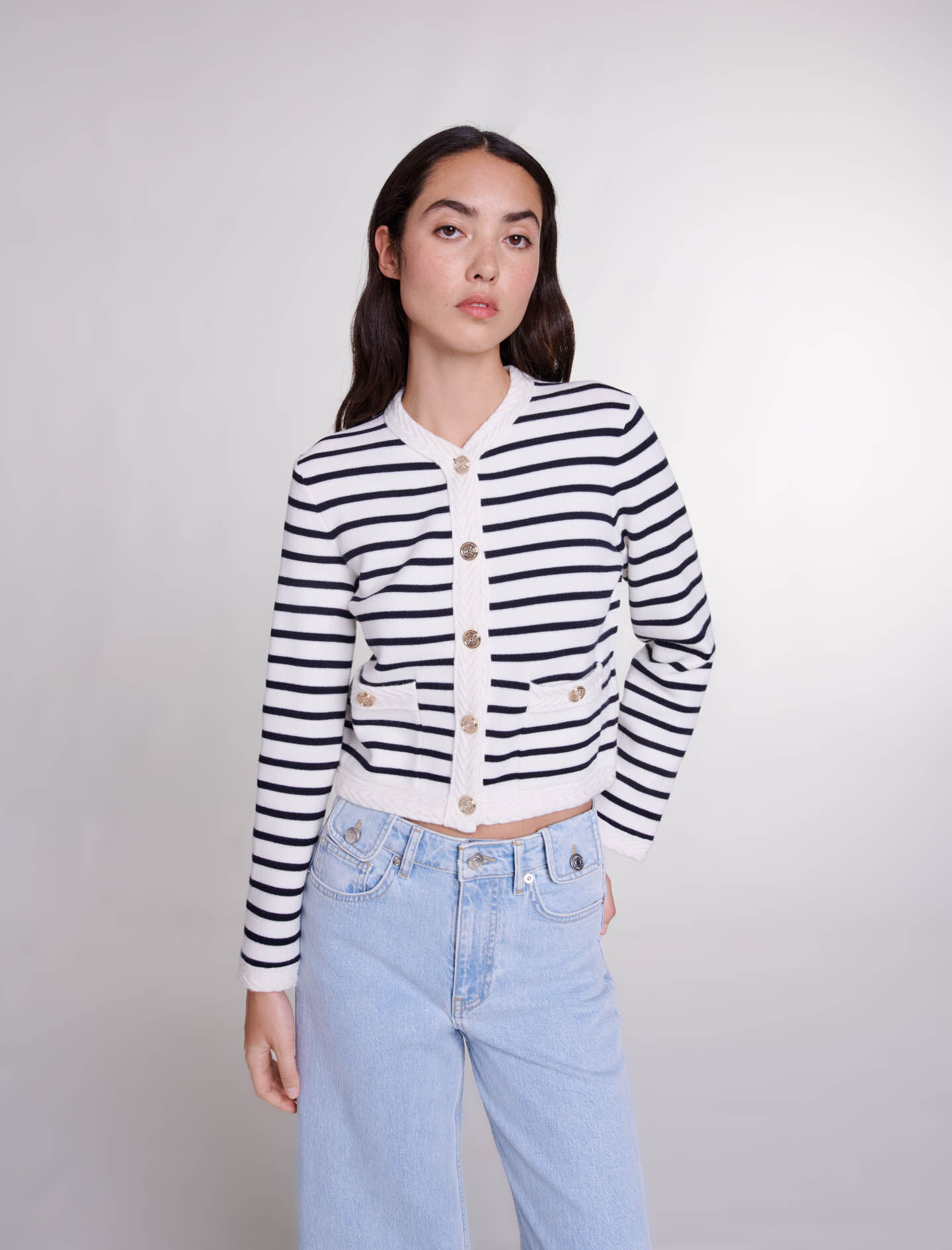Cardigan tricotat cu dungi - Bleumarin / Ecru