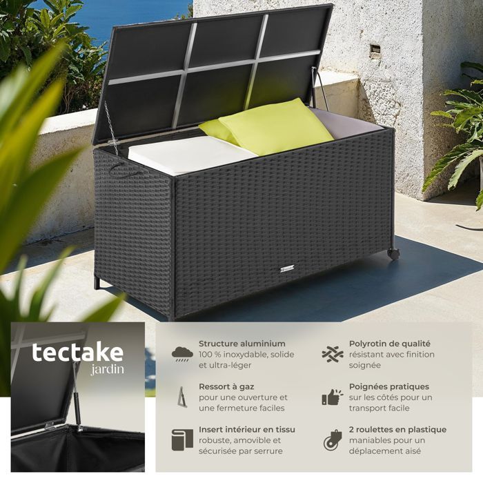 TECTAKE - Caja de almacenamiento Kuusamo - Cofre de exterior de poliratán, aluminio, con ruedas - 117 x 54 x 64 cm - Negro