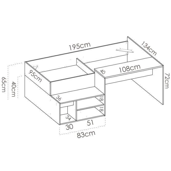 KRIC Children's Combination Bed - Natural Oak and White - Desk and Storage - 90x190 cm