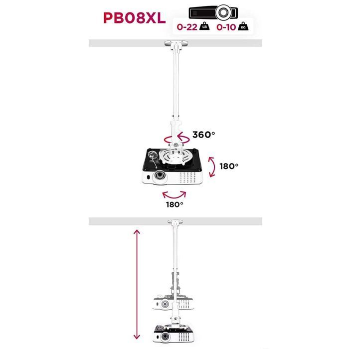 Duronic PB08XL Ceiling Projector Mount, 360° Rotating, 180° Tilting, 180° Swivel, 10 kg Maximum Load