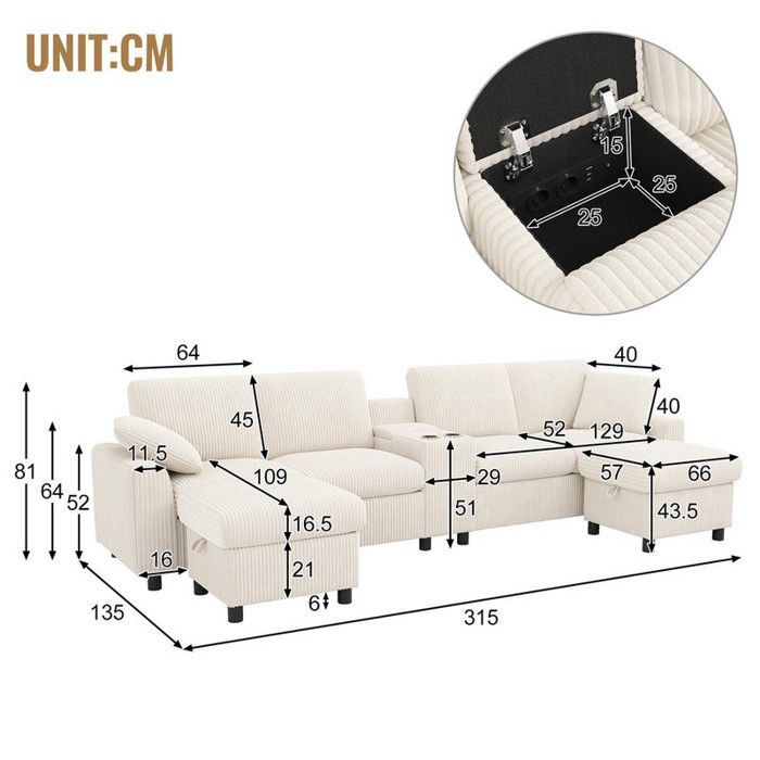 Sofá en forma de U - CDISPLAY - Beige - Sofá de pana con 2 reposapiés y puertos USB Tipo-C