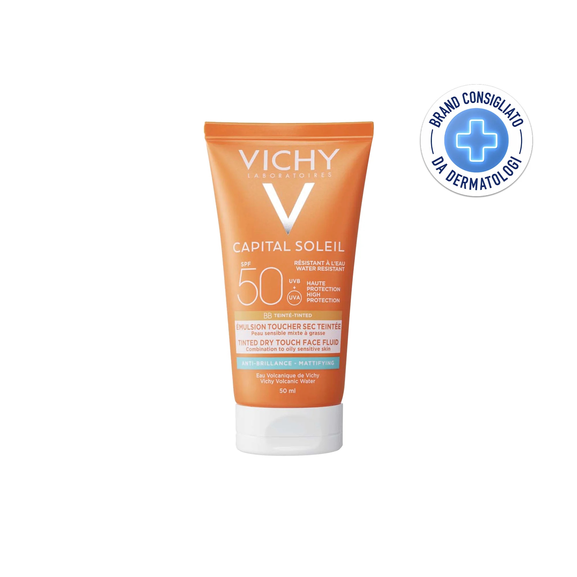 VICHY Vichy Capital Soleil BB Dry-Effect Mat emulsão tonalizante FPS 50 creme facial protetor 50 ml para todos os tipos de pele