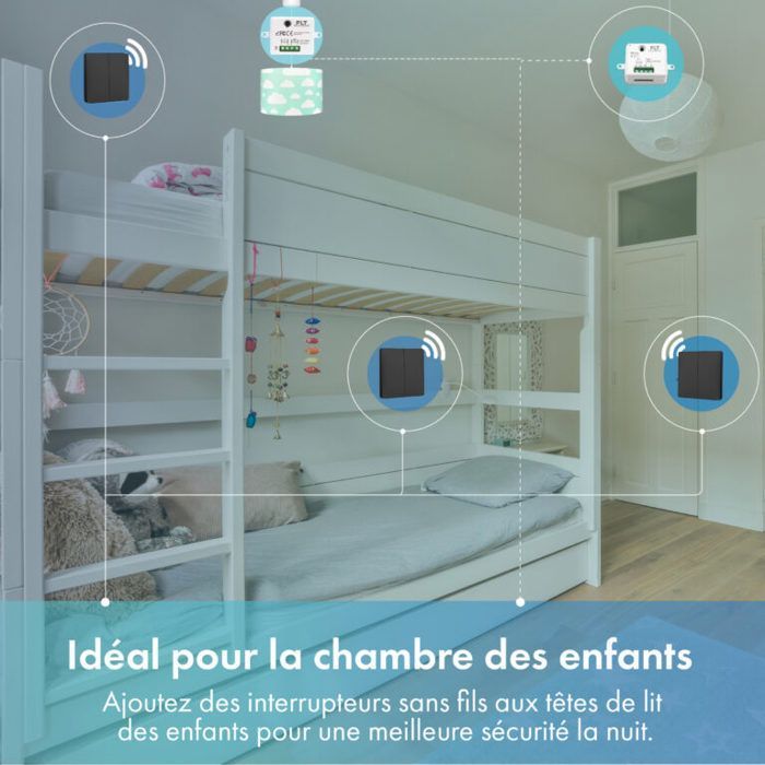 Kit interrupteur va-et-vient sans fil et sans pile prêt à poser - 2 boutons poussoirs double allumage + 2 relais récepteur radio