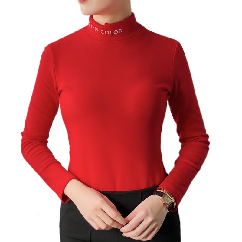 Camiseta de terciopelo cálida de invierno para mujer, tallas grandes 2XL 3XL, manga larga, cuello alto, corte ajustado, linda camiseta para mujer