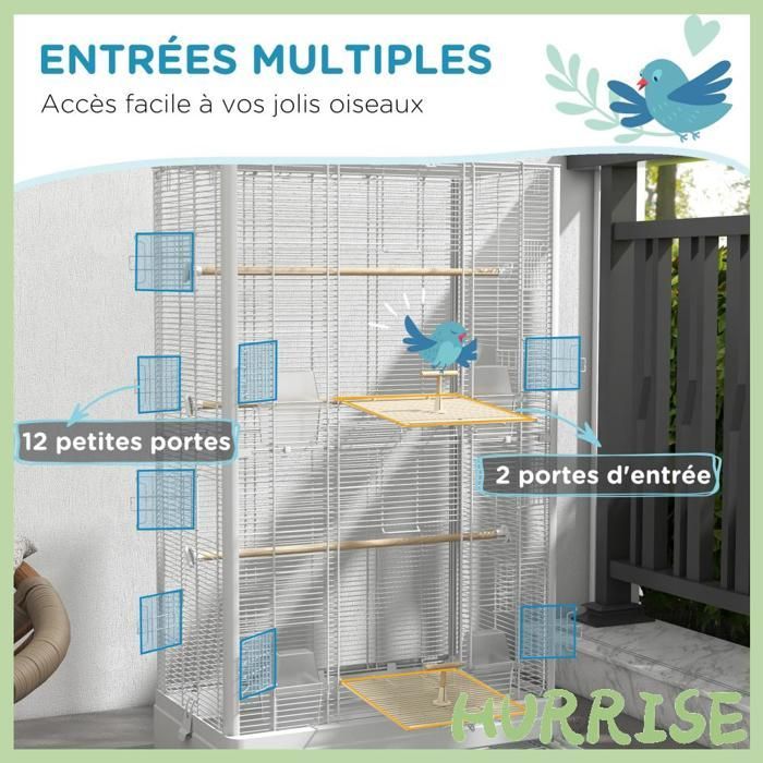 Jaula para pájaros Cocosity con puertas y perchas, ideal para canarios, periquitos y loros, 61 x 36,5 x 98 cm, color blanco.