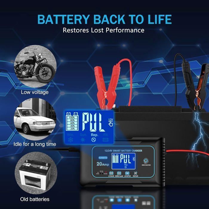 Cargador de batería inteligente de 20 A y 12 V/24 V, cargador de batería para coche, cargador mantenedor de batería automático