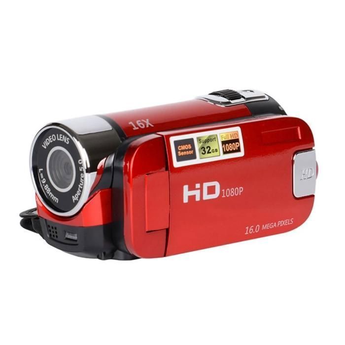 Videocámara digital, 16 MP, Full HD 1080p, zoom digital 16x, pantalla giratoria de 270°, color rojo.