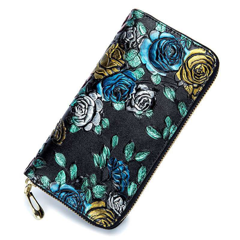 Portafoglio lungo da donna in vera pelle con stampa 3D a rilievo di rosa, libellula e farfalla, pochette da donna di grande capacità con cerniera.