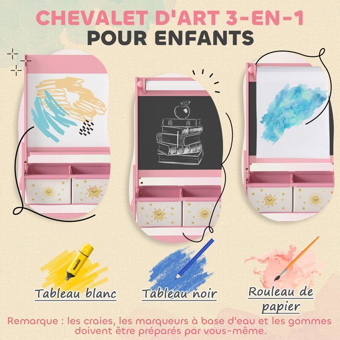 Caballete infantil 3 en 1 - AIYAPLAY - Doble cara - Pizarra blanca y negra - Rollo de papel - 2 cestas de almacenamiento - Edades de 3 a 8 años - Rosa