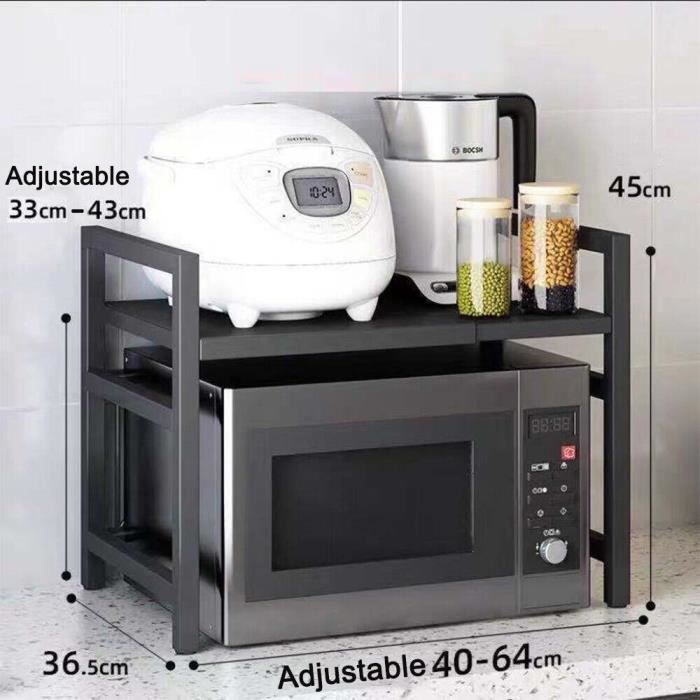 Kitchen Storage Unit, Microwave Oven Stand, Adjustable Length 40-64cm with 6 Removable Hooks - Black