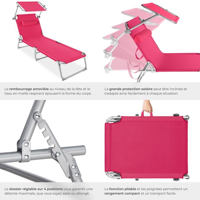 Sun lounger - TECTAKE - CHLOE folding garden sun lounger with 4 positions and headrest - Bright Pink