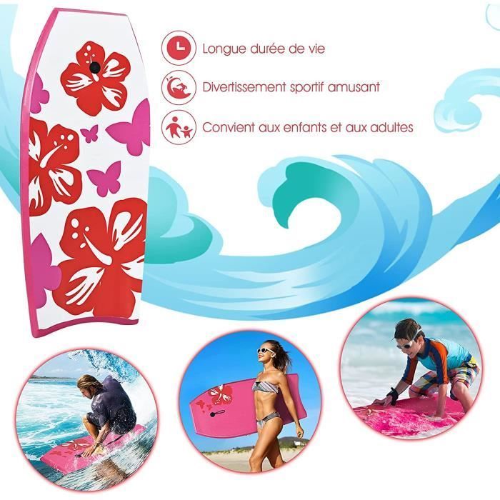 GYMAX Heavy-Duty Surfboard made of XPE & HDPE, 106×51×6CM, 85KG Load Capacity, with 90CM Strap, Exquisite Flower Pattern Design, Pink