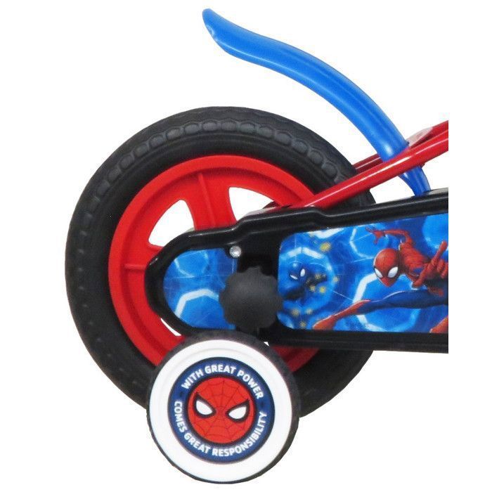 Bicicleta infantil SPIDERMAN de 10 pulgadas: placa frontal decorativa, 1 freno, guardabarros, protector de cadena, ruedas con radios y 2 ruedines.