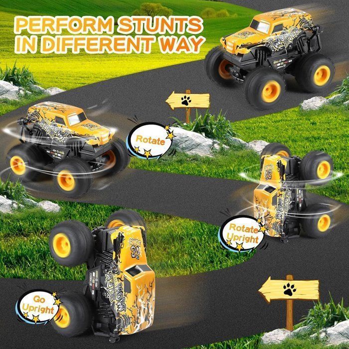 Voiture Télécommandée, Monster Truck, 1:20 RC Tout Terrain, avec LED Musique et 360°Rotation, Cadeau Enfant 4+ Ans, Jaune
