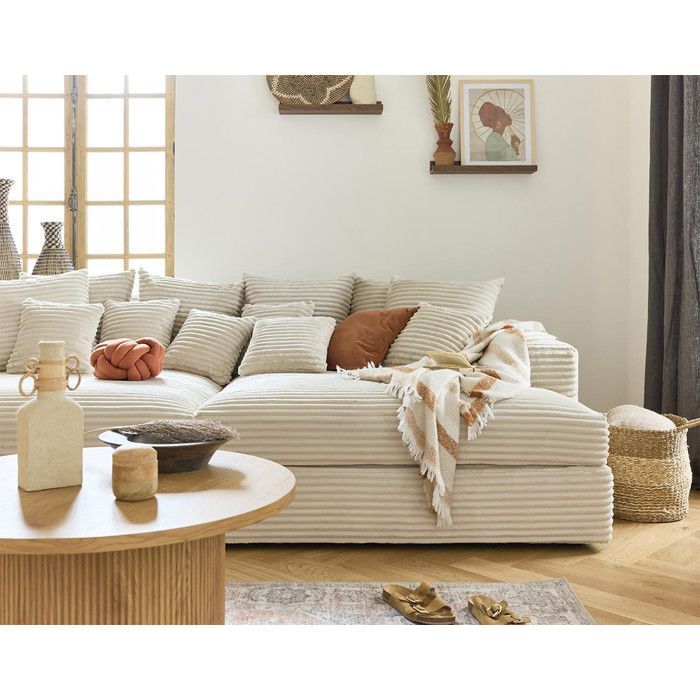 Collins - Sofá recto de 4 plazas con doble chaise longue - Asiento profundo - Pana de canalé ancho - Beige