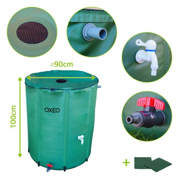 Tanque de recolección de agua de lluvia de 550 litros, tanque flexible de PVC reforzado - Plegable - Con grifo y válvula de alivio - Filtro